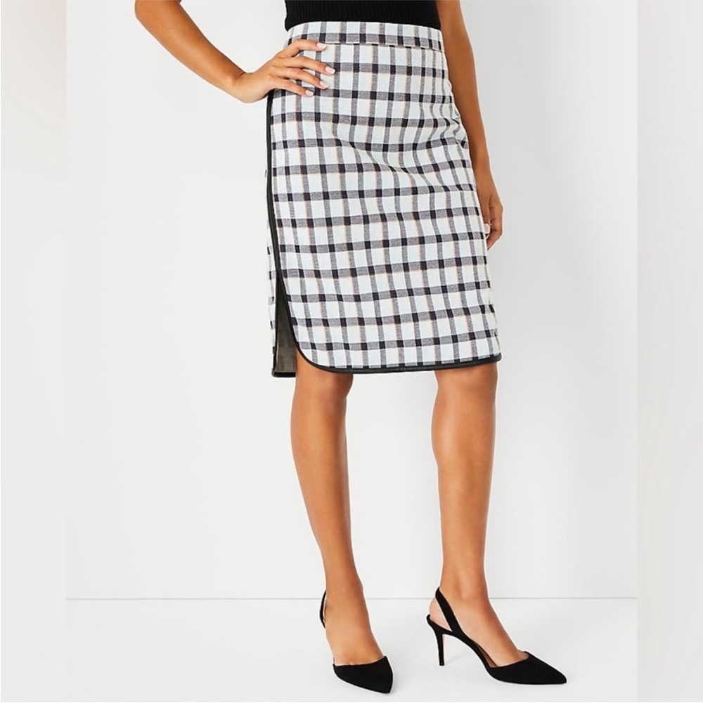 Ann Taylor plaid skirt faux leather trim sz 4 - Picture 3 of 13